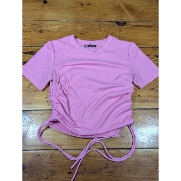 Zara Women's Medium Cropped T-Shirt Pink Ribbed Ruched Drawstring - Picture 4 of 6